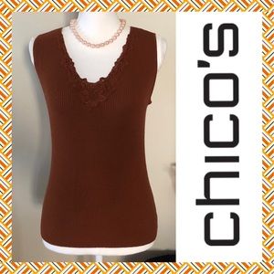 CHICOs LACE TRIMMED V-VECK RIBBED KNIT TANK